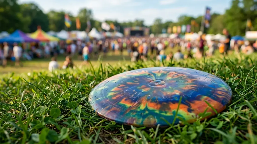 Kirju discgolfi ketas rohelisel murul, taustal on udune muusikafestival ja palju inimesi.