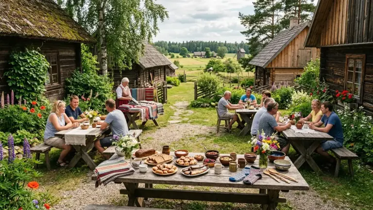Inimesed istuvad puidust laudade ääres vanas taluõues, mille laual on toit ja lilled.