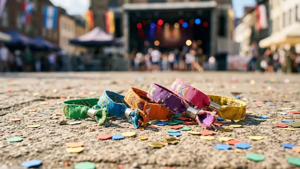 Värvilised festivali käepaelad lebavad sillutisel, taustal on häguselt näha kontserdilava ja rahvamass.