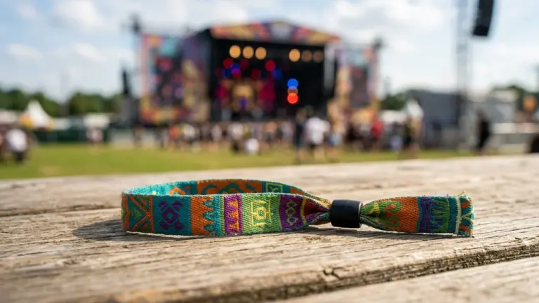 Värviline riidest festivali käepael asetseb puidust laual, taustal on udune muusikafestivali lava ja publik.