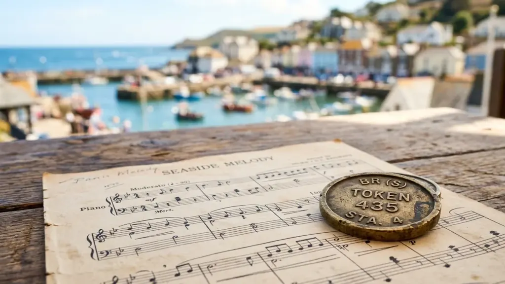 Noodileht pealkirjaga Seaside Melody ja metallist žetoon puidust laual, taustal hägune sadamavaade.