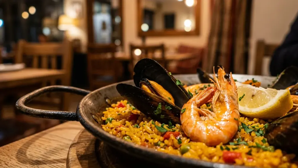 Traditsiooniline paella pannil koos krevettide, rannakarpide ja sidruniviiluga restoranis hämaras valguses.