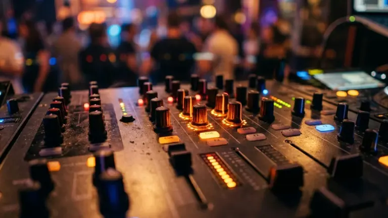 Professionaalne DJ-mikseripult paljude nuppude ja valgustatud indikaatoritega hämaras ööklubi keskkonnas.