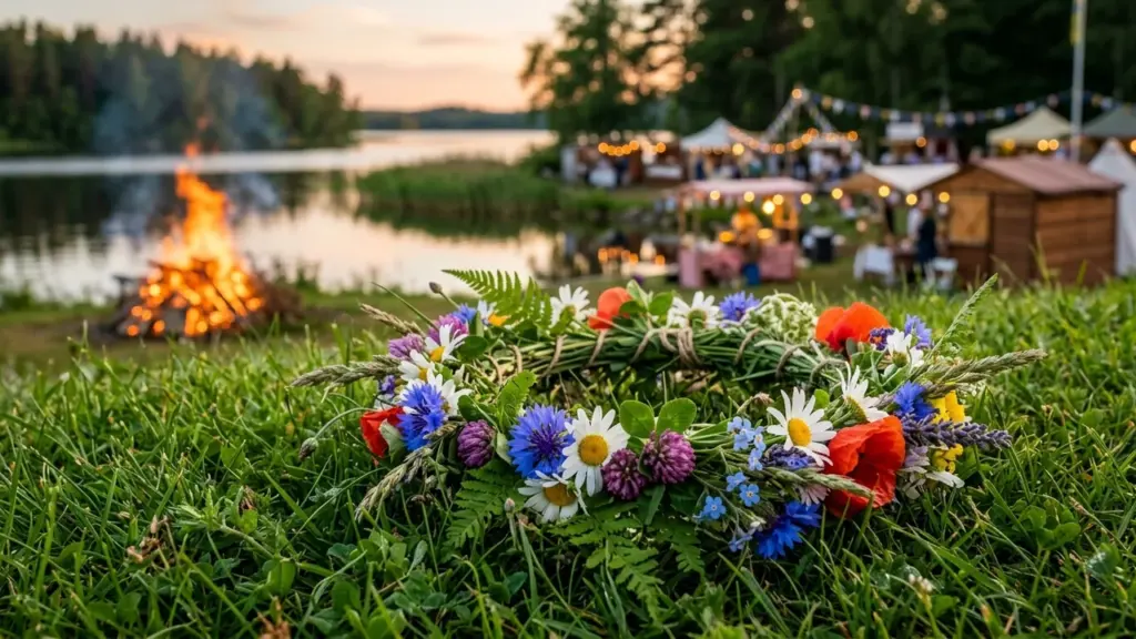 Traditsiooniline lillepärg rohelisel murul, taustal lõke ja hämar õhtune jaanipeo melu järve kaldal.