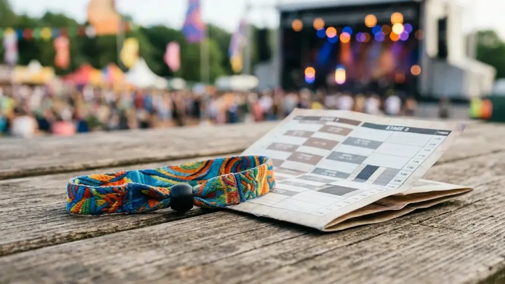 Värviline festivali käepael ja ajakava asuvad puidust laual, taustal on udune kontserdilava.
