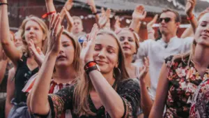 Rühm rõõmsameelseid noori inimesi suvefestivalil muusikat nautimas ja käsi õhku tõstmas.